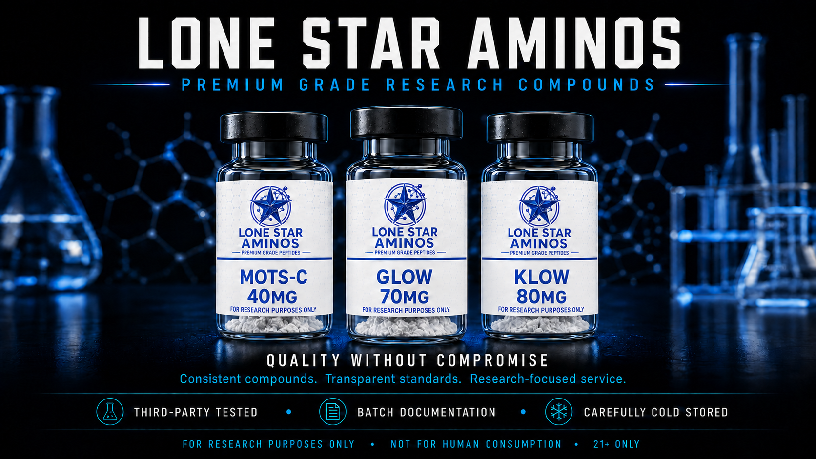 Lone Star Aminos premium-grade research compounds featuring MOTS-C, GLOW, and KLOW